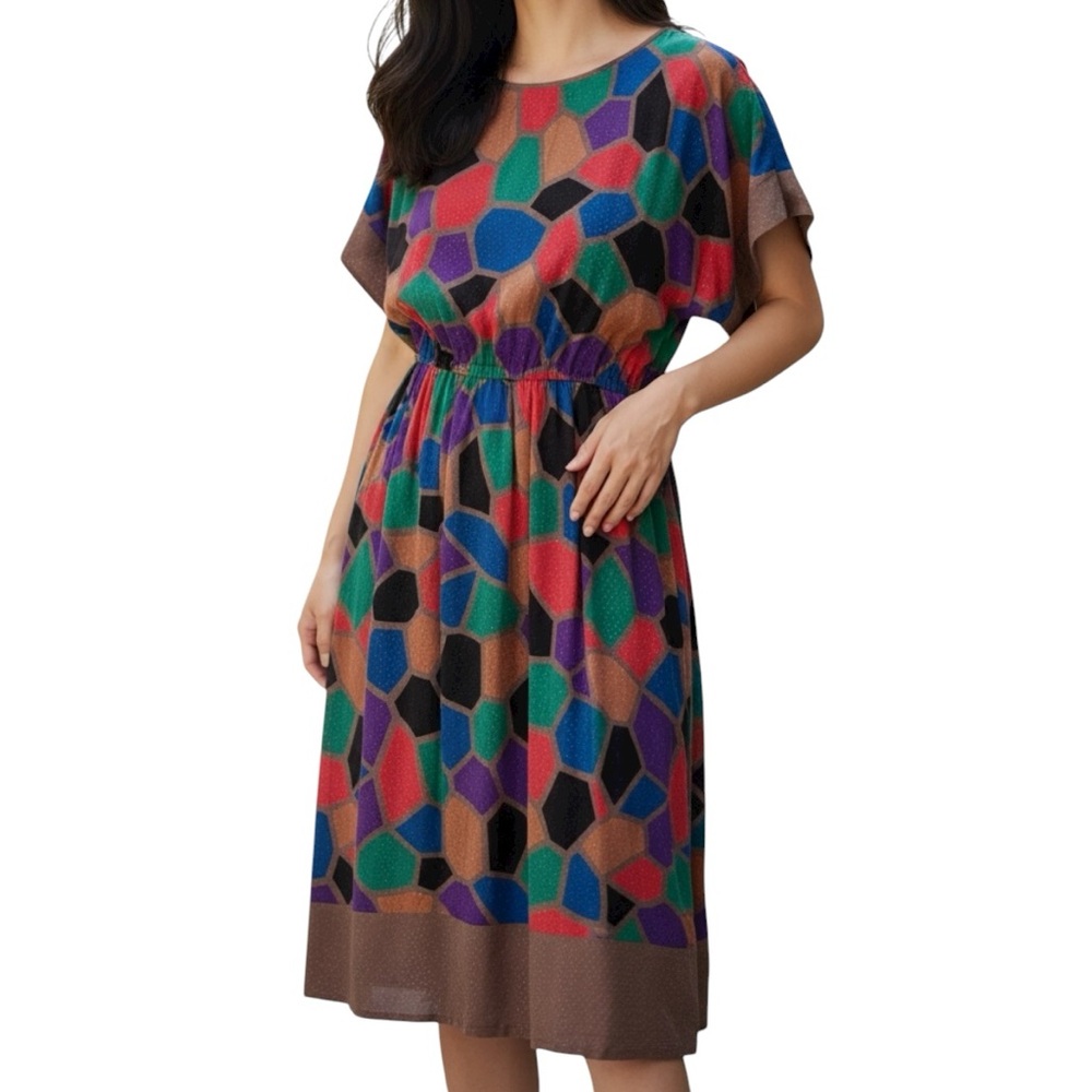 Vintage Soo Yung Lee geometric multicolor 100% silk short sleeve midi dress